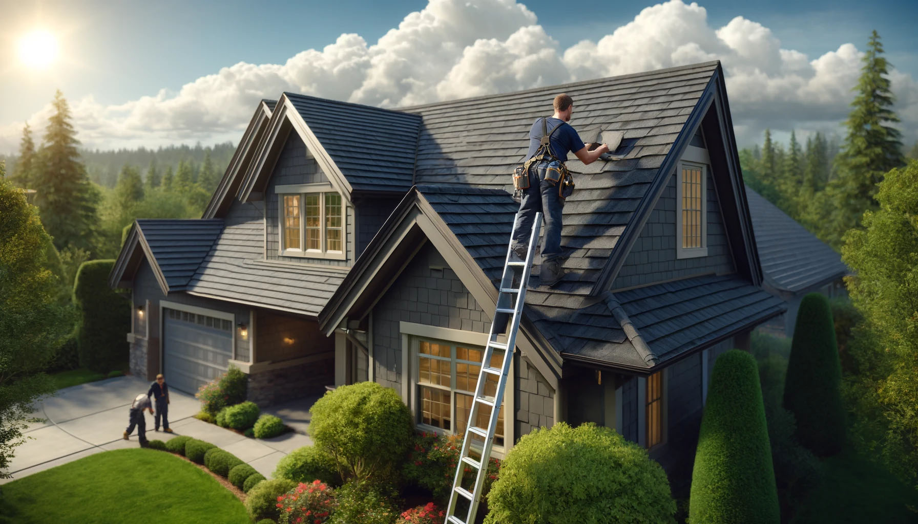 Roofing contractor performing a roof inspection on a Western Washington home.