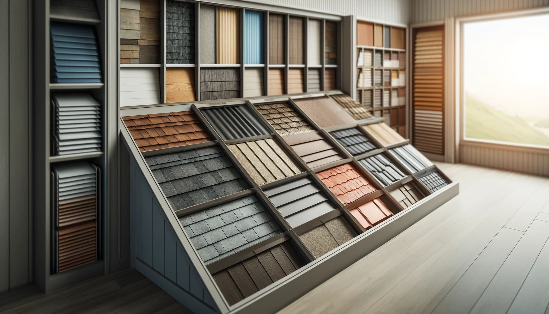 Neat display of roofing materials including shingles, metal sheets, and wood shake in a showroom setting