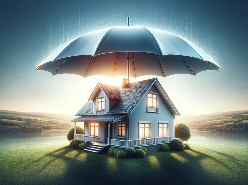 Artistic representation of a house with a pristine roof covered by a large protective umbrella, symbolizing insurance and safety against a clear sky background.