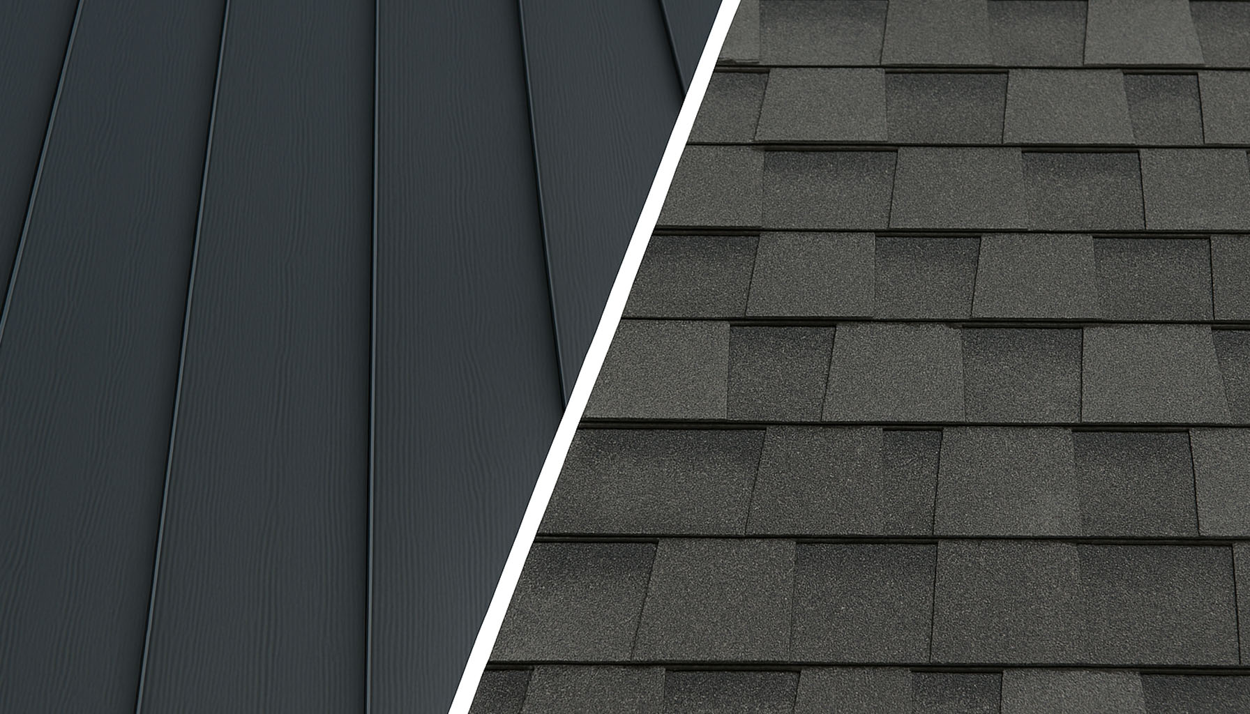 Side-by-side comparison of metal roofing and asphalt shingle roofing, divided diagonally. The left side shows dark gray vertical metal panels, and the right side displays textured dark gray asphalt shingles, illustrating the difference in materials and styles for residential roofs.