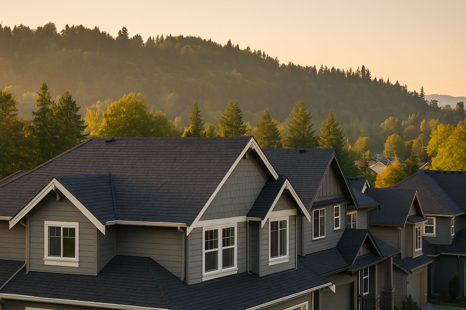Suburban homes in Mt. Vernon, Washington at sunset, featuring newly installed dark gray asphalt shingle roofs with a scenic backdrop of forested hills and soft golden light.