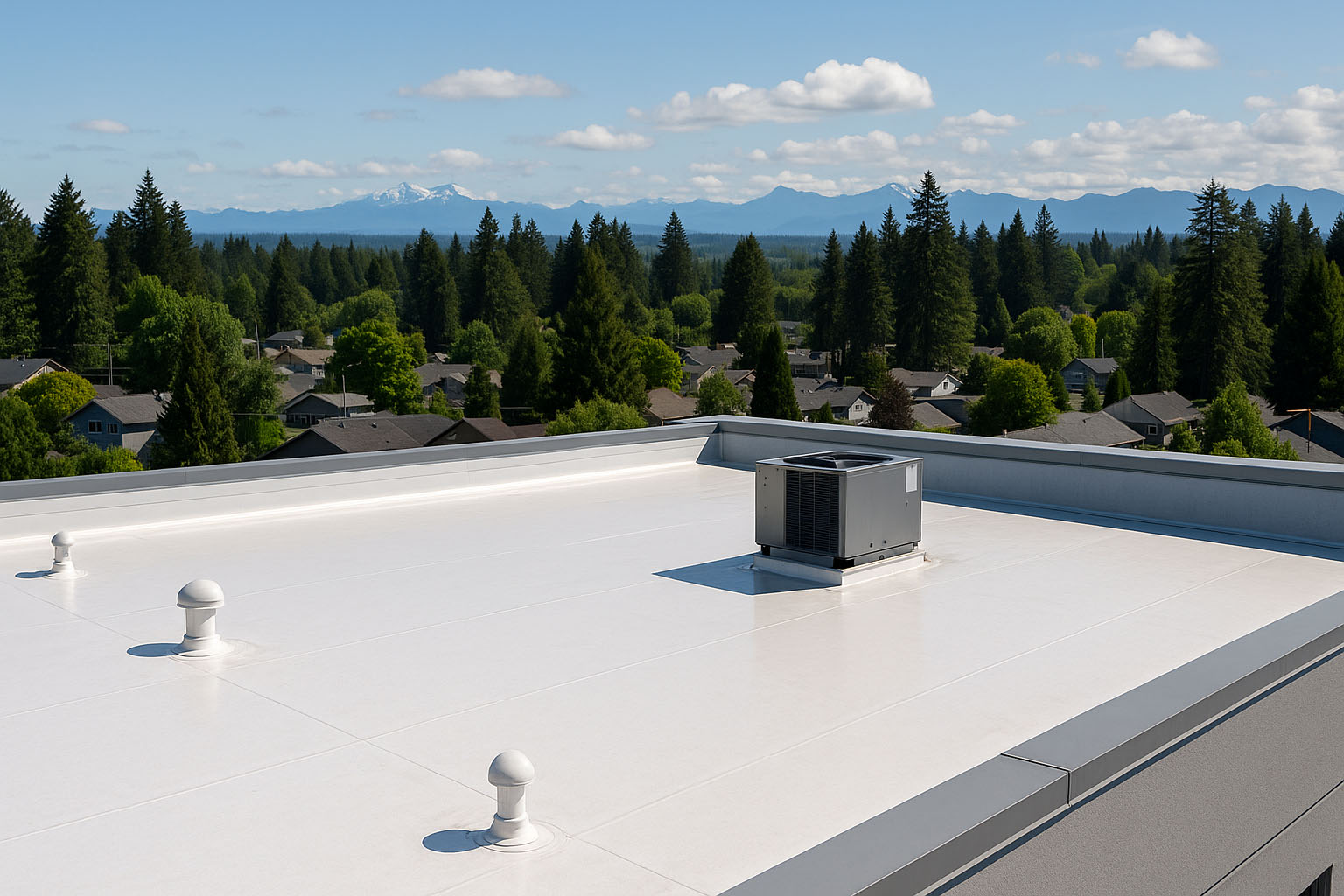 Flat white TPO roof on a residential building in Western Washington, with rooftop vents and HVAC unit, overlooking a suburban neighborhood surrounded by evergreen trees and distant mountain ranges under a clear blue sky.
