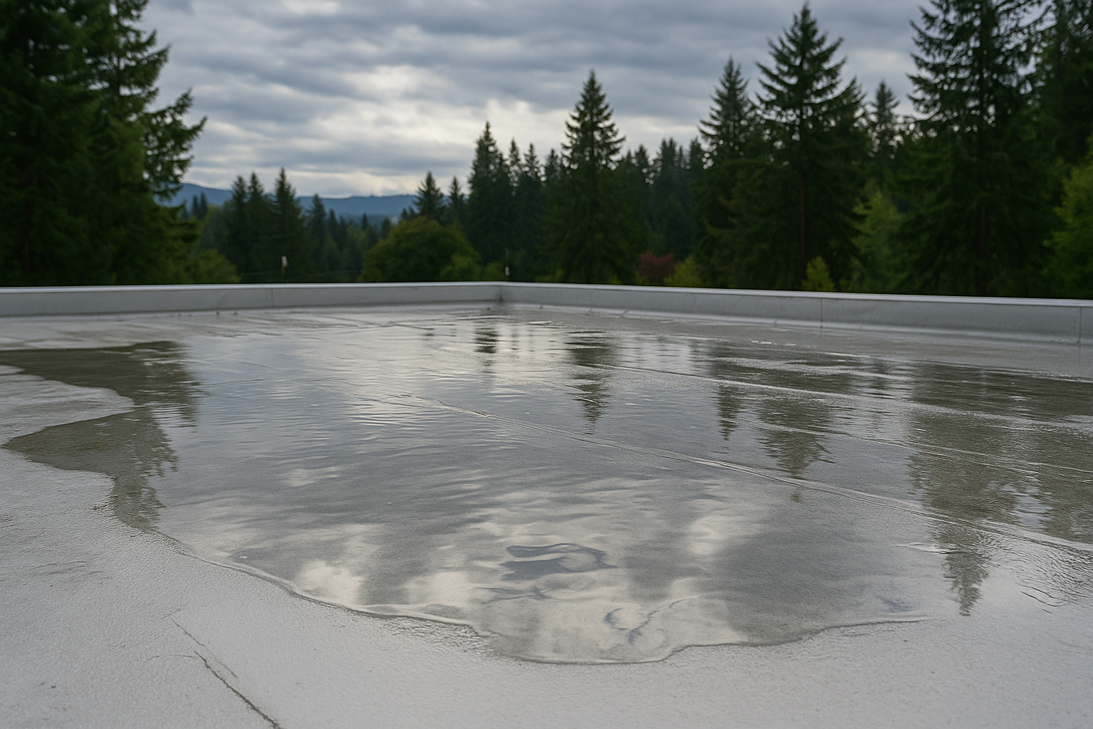 Standing water pooling on a flat white TPO roof under overcast skies, with reflections of surrounding evergreen trees and clouds in a Pacific Northwest residential setting.