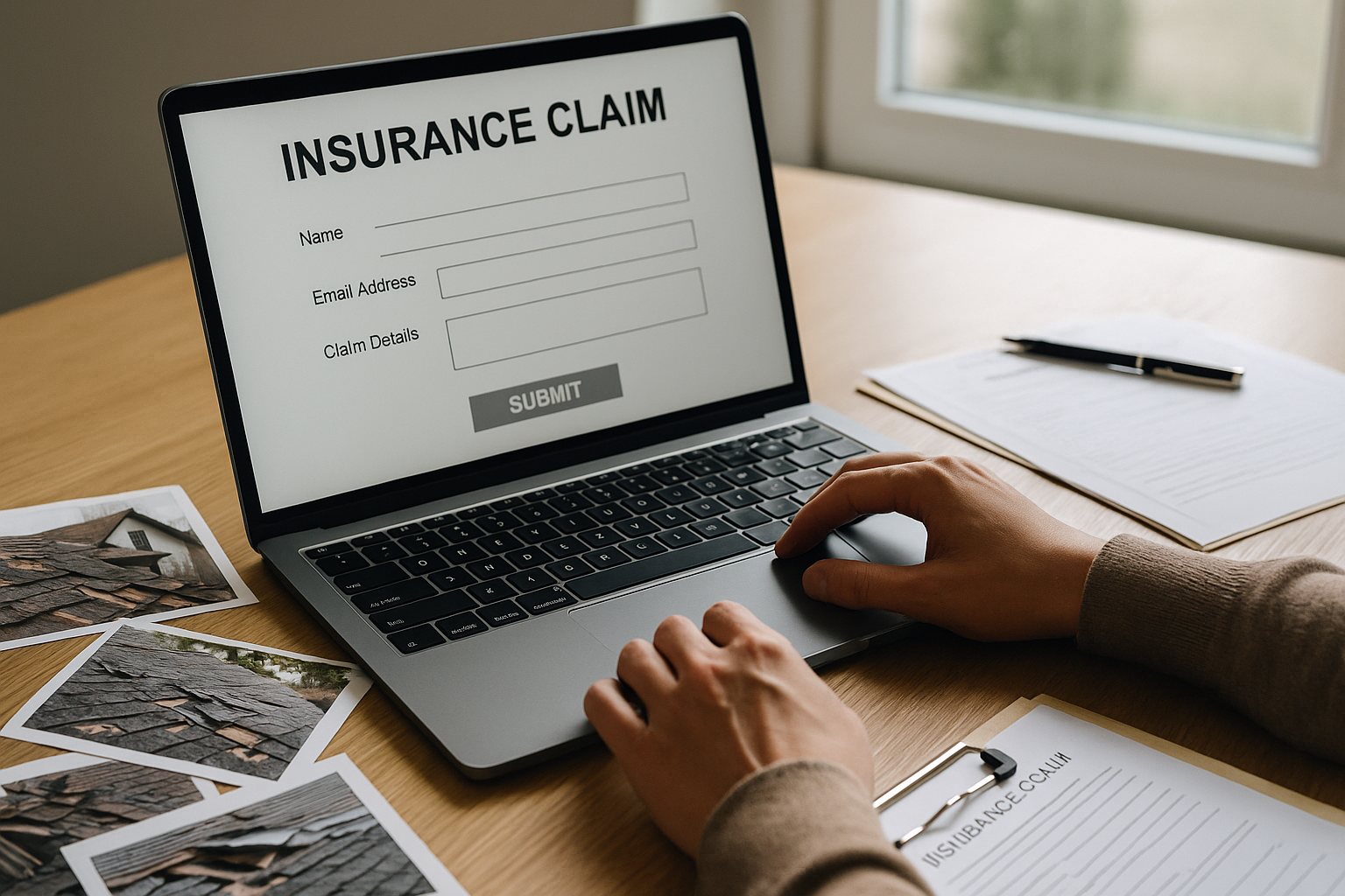 Person filing a roof insurance claim on a laptop, with roof damage photos and paperwork laid out on a wooden desk in natural daylight.