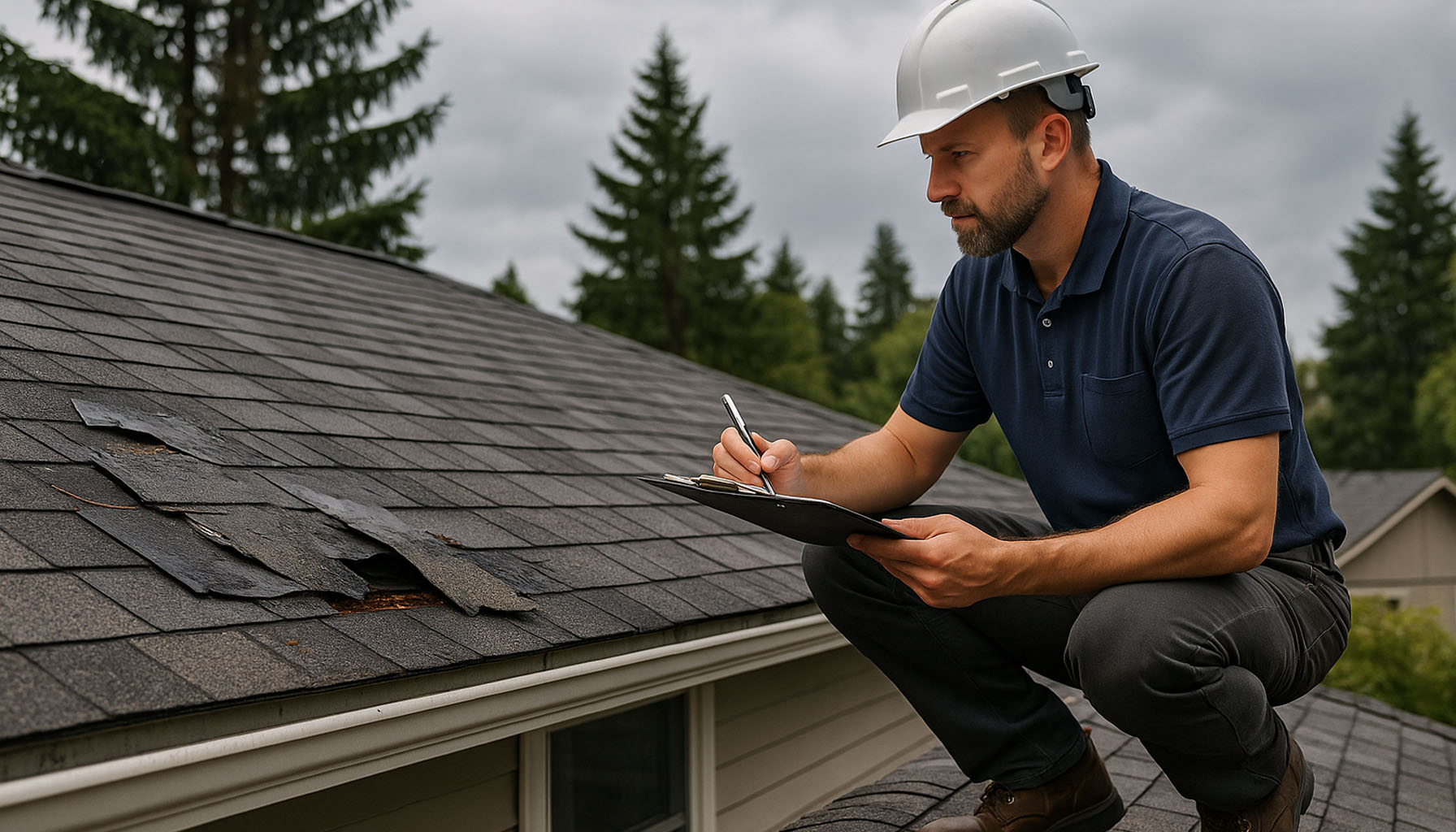 Roof inspector in a hard hat examines damaged shingles on a residential roof, taking notes on a clipboard during an insurance inspection in the Pacific Northwest.