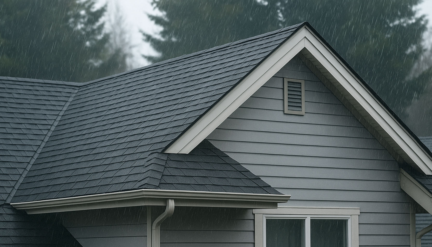 Pacific Northwest home with a dark shingle roof under cloudy skies, surrounded by evergreen trees, showing early signs of moss along the eaves.