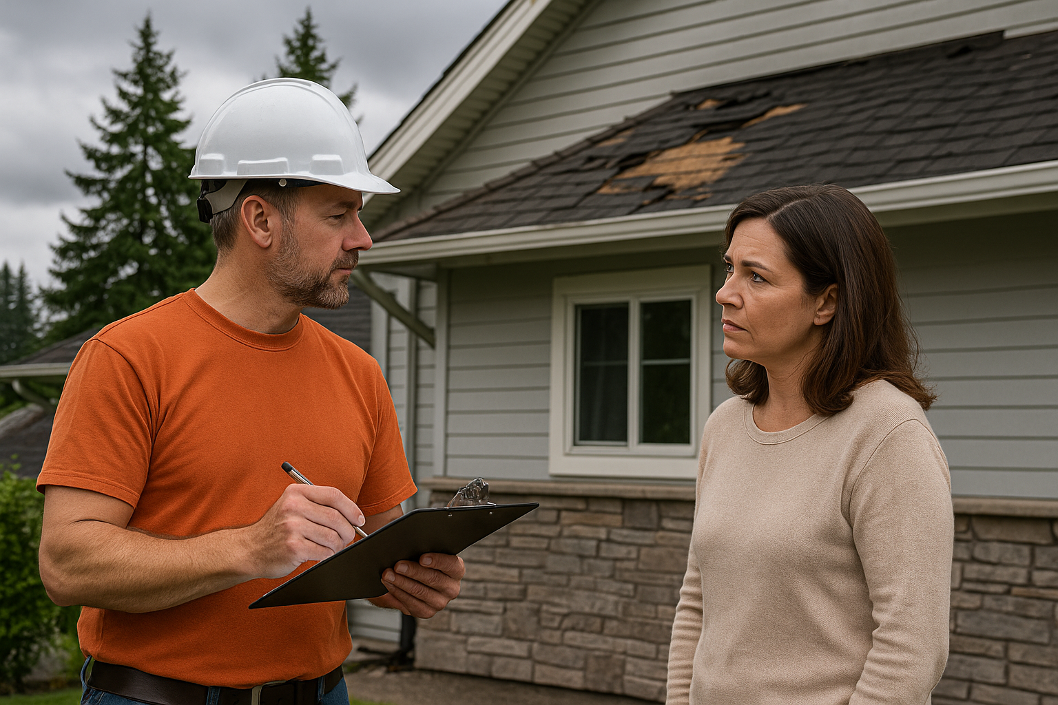 Roofing contractor in a hard hat holding a clipboard discusses storm damage repairs with a homeowner outside a house, with missing shingles visible on the roof in the background.